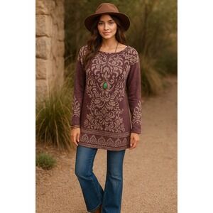 Farmers Market Boho Chic Top Purple Damask Print Long Sleeve Button Detail S